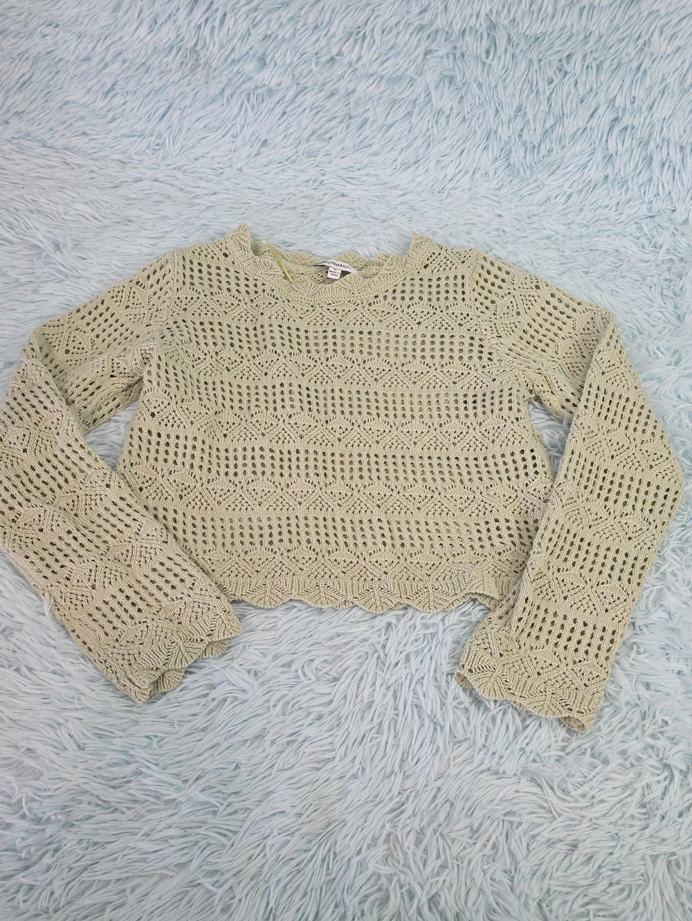 Freshman‎ Pale Sage Green Crochet Knit Cropped Pullover Sweater L